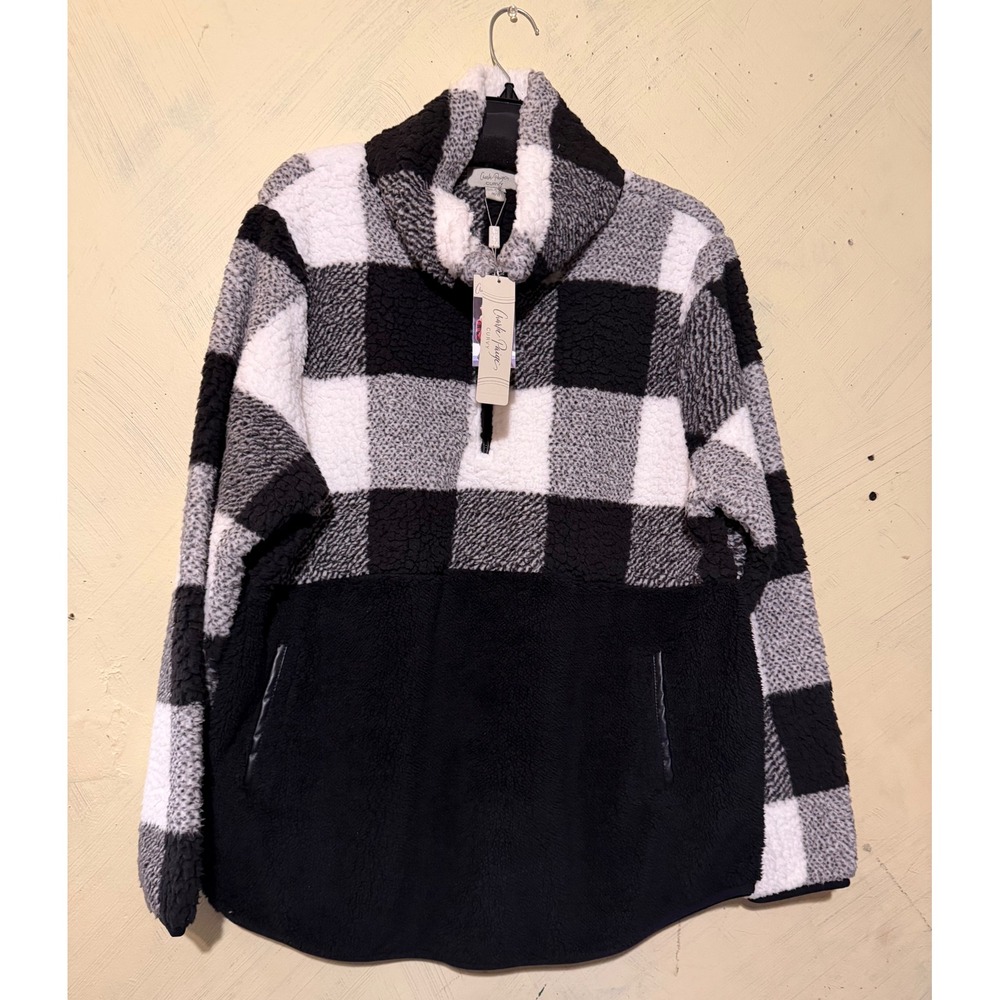 Charlie Paige Curvy Buffalo Plaid Sherpa Fleece Quarter Zip Pullover Black White
